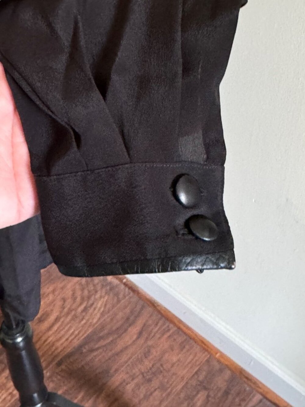 Vintage Erena By Irene Koenig Black Blouse Leather Trim Peplum Size 6 - Picture 4 of 12